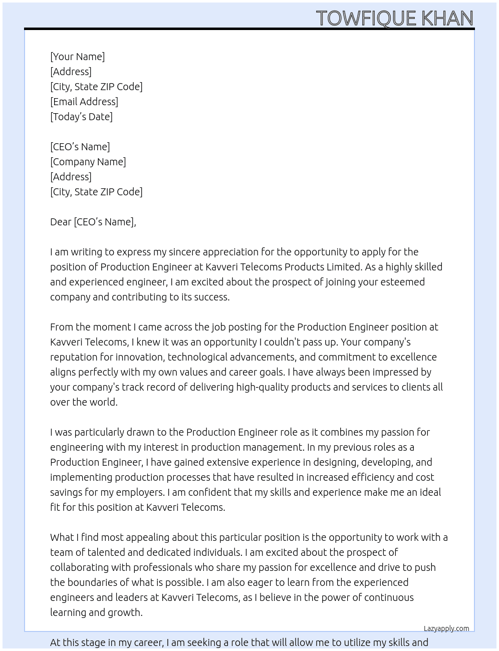 Production Engineer At Kavveri Telecoms Products Limited Cover Letter