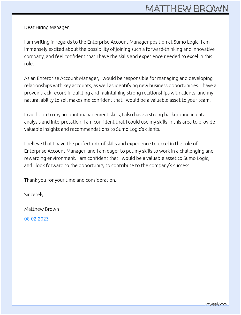 Enterprise Account Manager At Sumo Logic Cover Letter