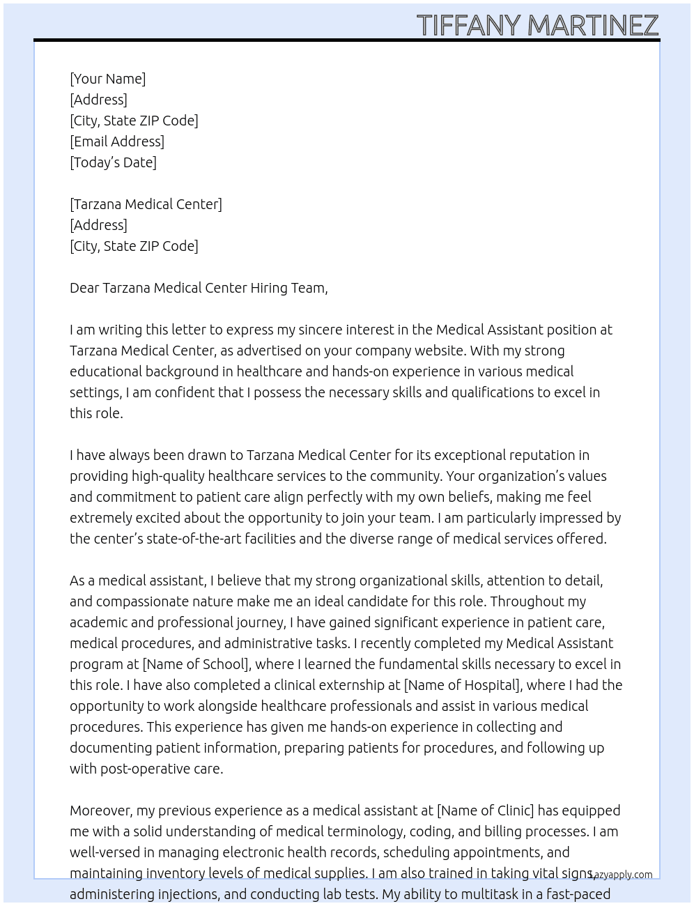 Medical Assistant At Tarzana Medical Center Cover Letter