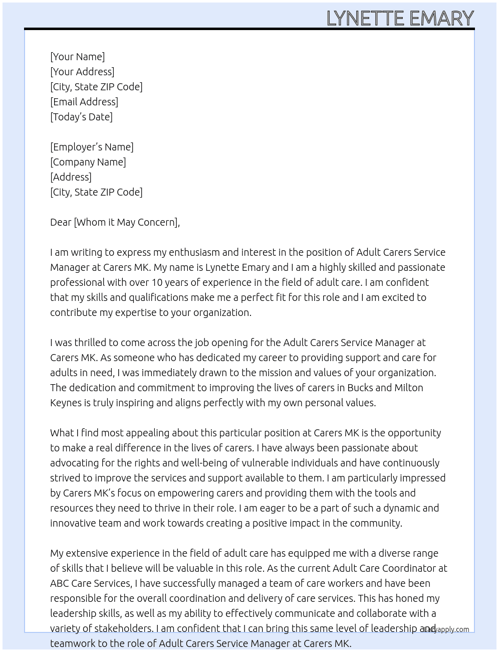 Adult Carers Service Manager, Bucks and Milton Keynes At Carers MK Cover Letter
