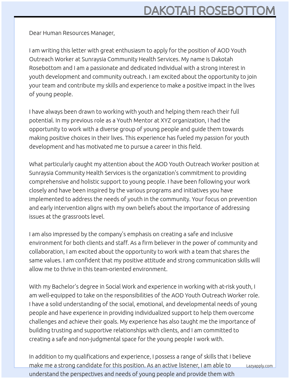 Cover letter for aod youth outreach worker - LazyApply