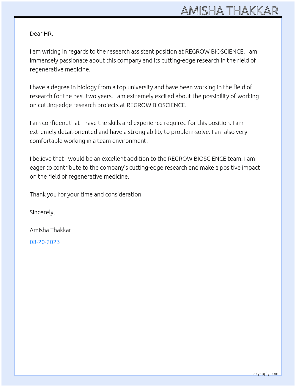 Research assistant At REGROW BIOSCIENCE Cover Letter