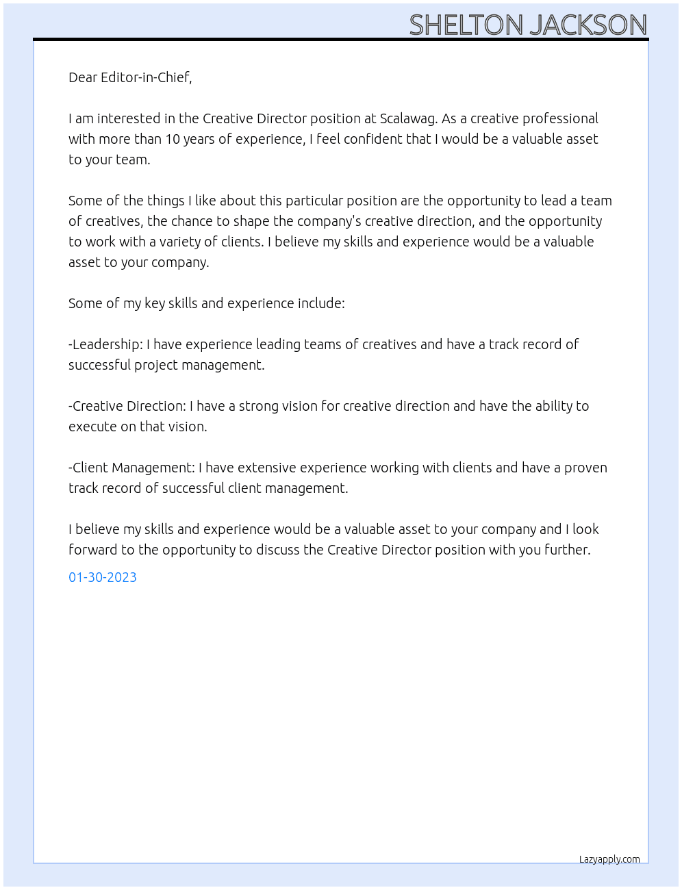 Creative Director At Scalawag Cover Letter