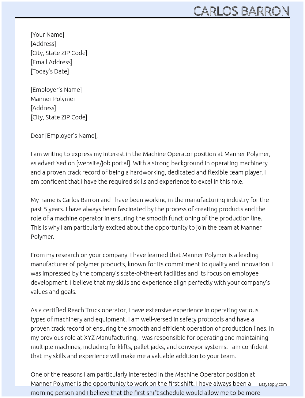 machine operator At Manner Polymer Cover Letter