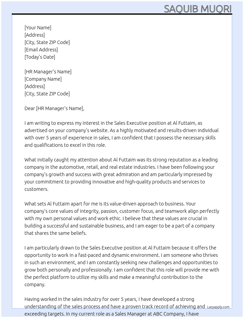 Sale executive At Al Futtaim Cover Letter