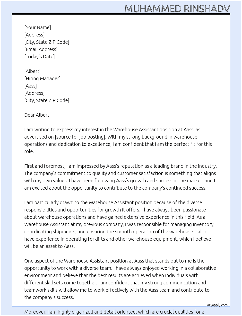 Warehouse Assistant  At Aass Cover Letter