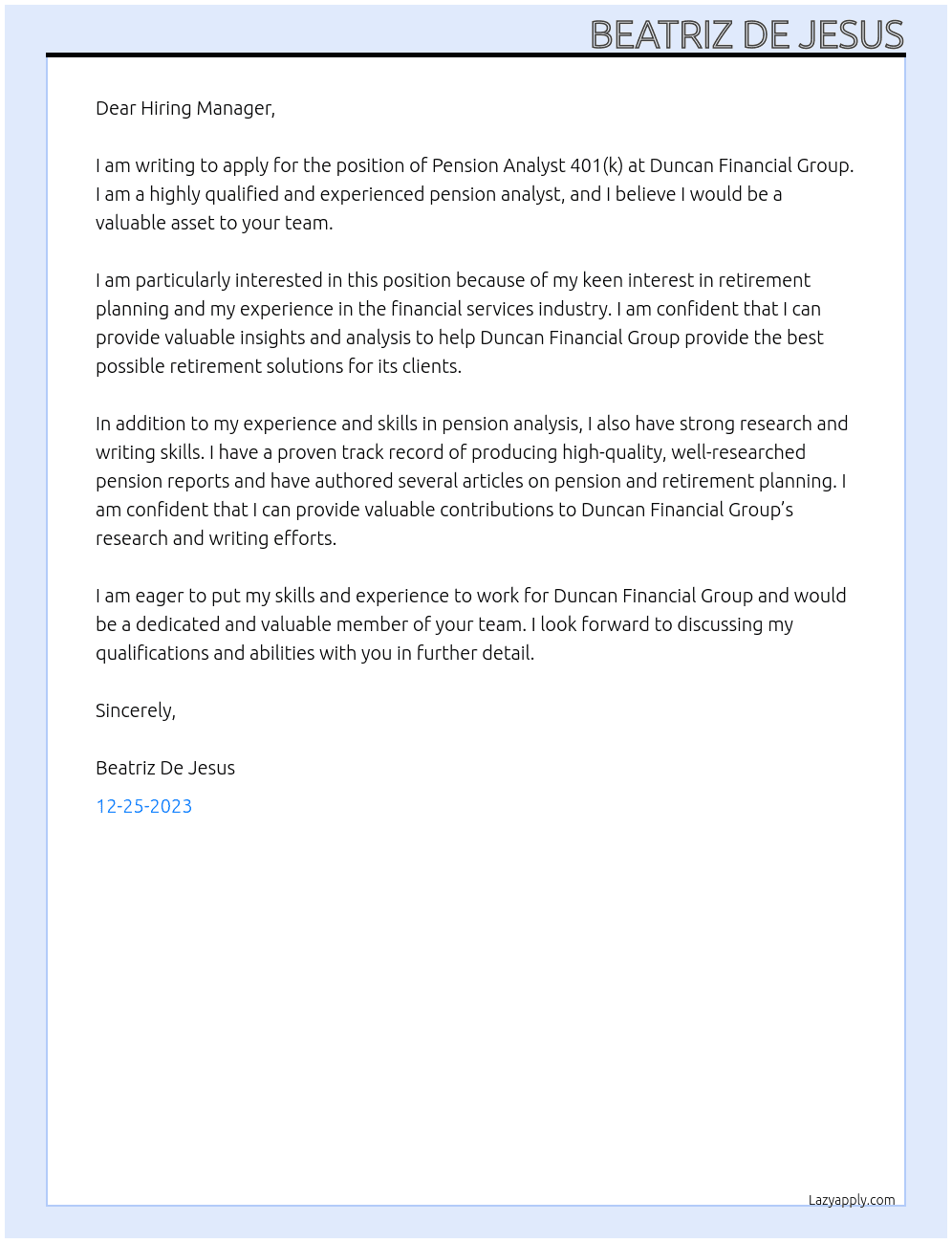 Pension Analyst 401(k) At Duncan Financial Group Cover Letter