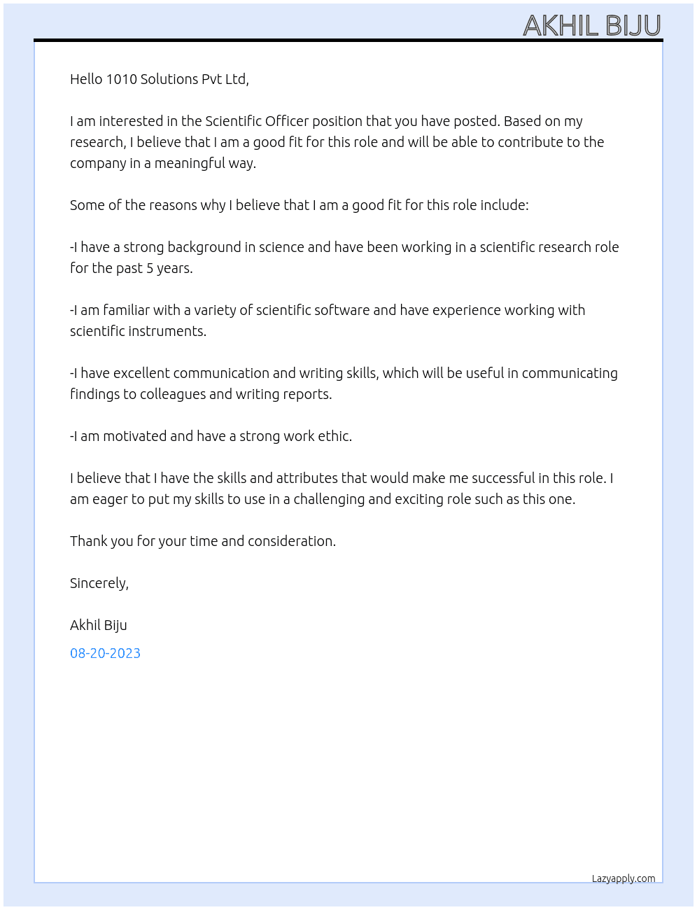 scientific officer At 1010 SOLUTIONS PVT LTD Cover Letter