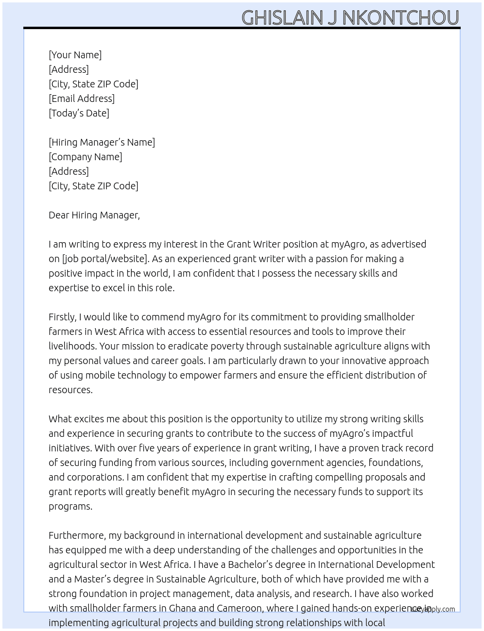 Grant Writer At myAgro Cover Letter