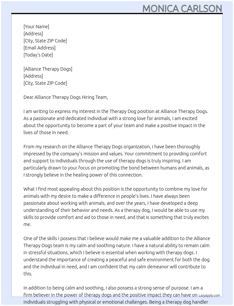 Therapy Dog At Alliance Therapy Dogs Cover Letter