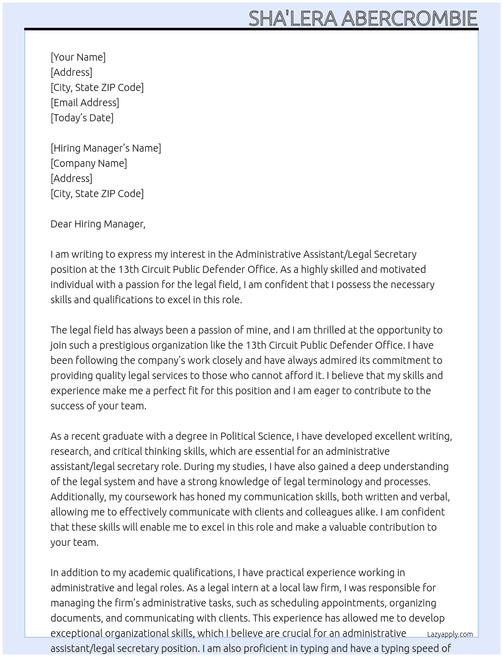 Administrative Assistant/ Legal Secretary At 13th Circuit Public Defender Office Cover Letter