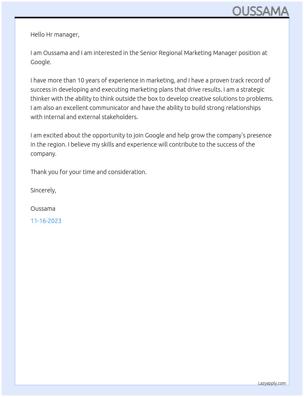 Senior Regional Marketing Manager At Google Cover Letter