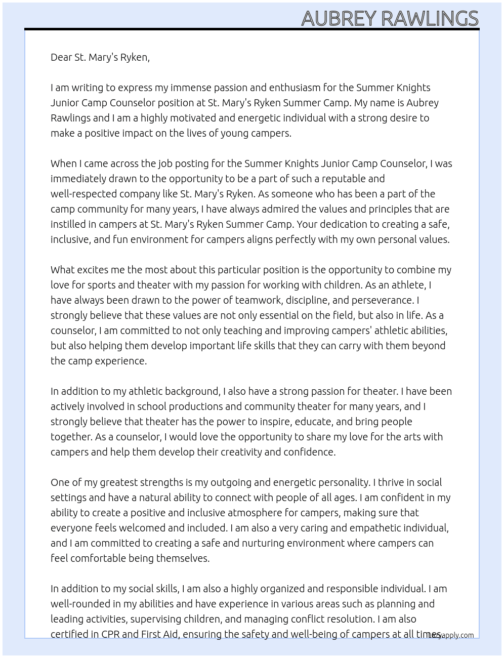 Summer Knights Junior Camp Counselor At St. Mary's Ryken Summer Camp Cover Letter