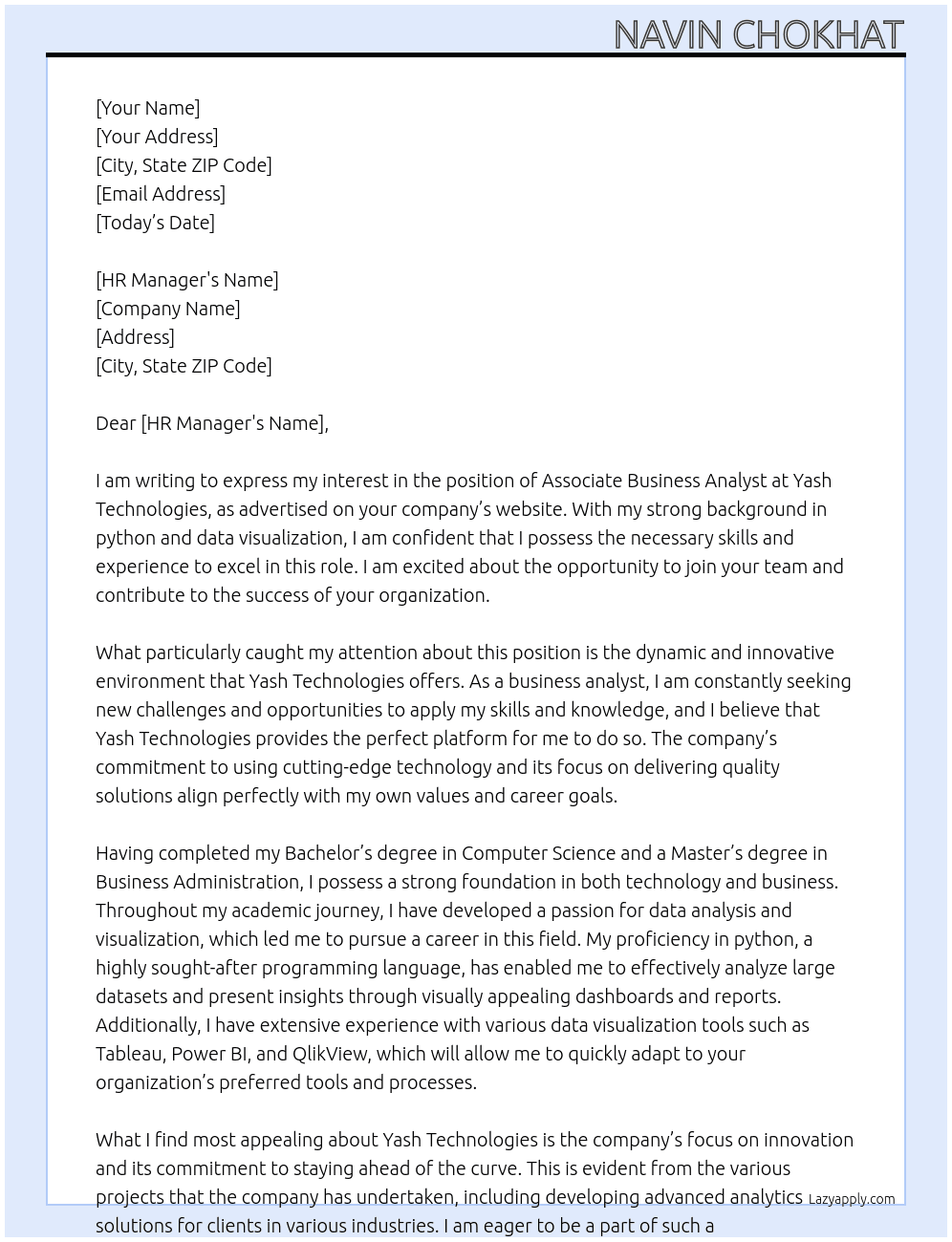  Associate Business Analyst At Yash Technologies Cover Letter