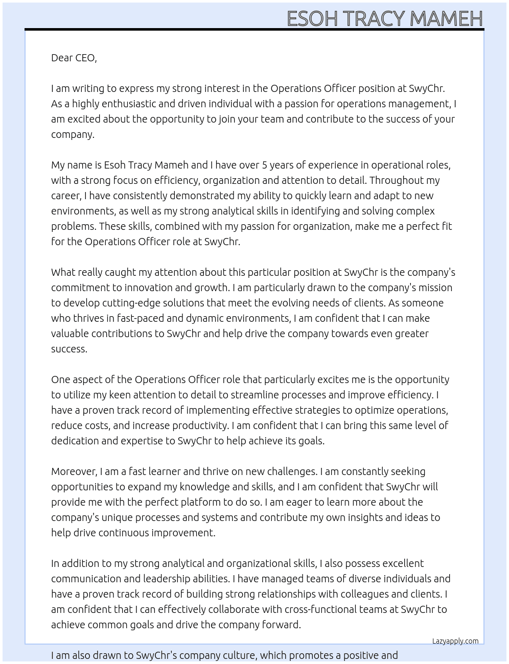 Operations Officer At SwyChr Cover Letter