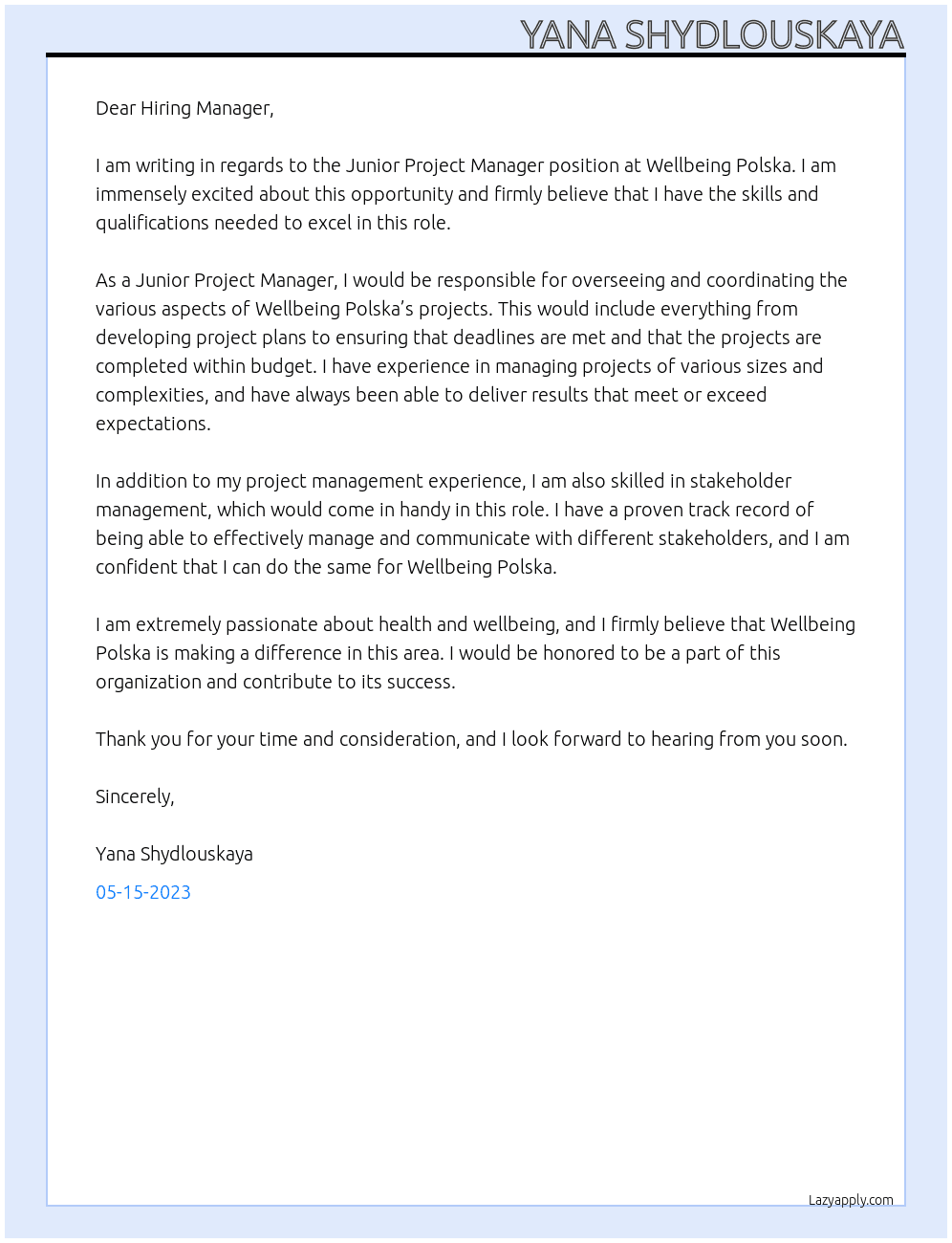 Junior Project Manager At Wellbeing Polska Cover Letter