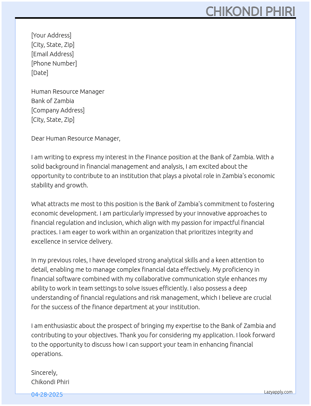 Finance  At Bank of Zambia Cover Letter