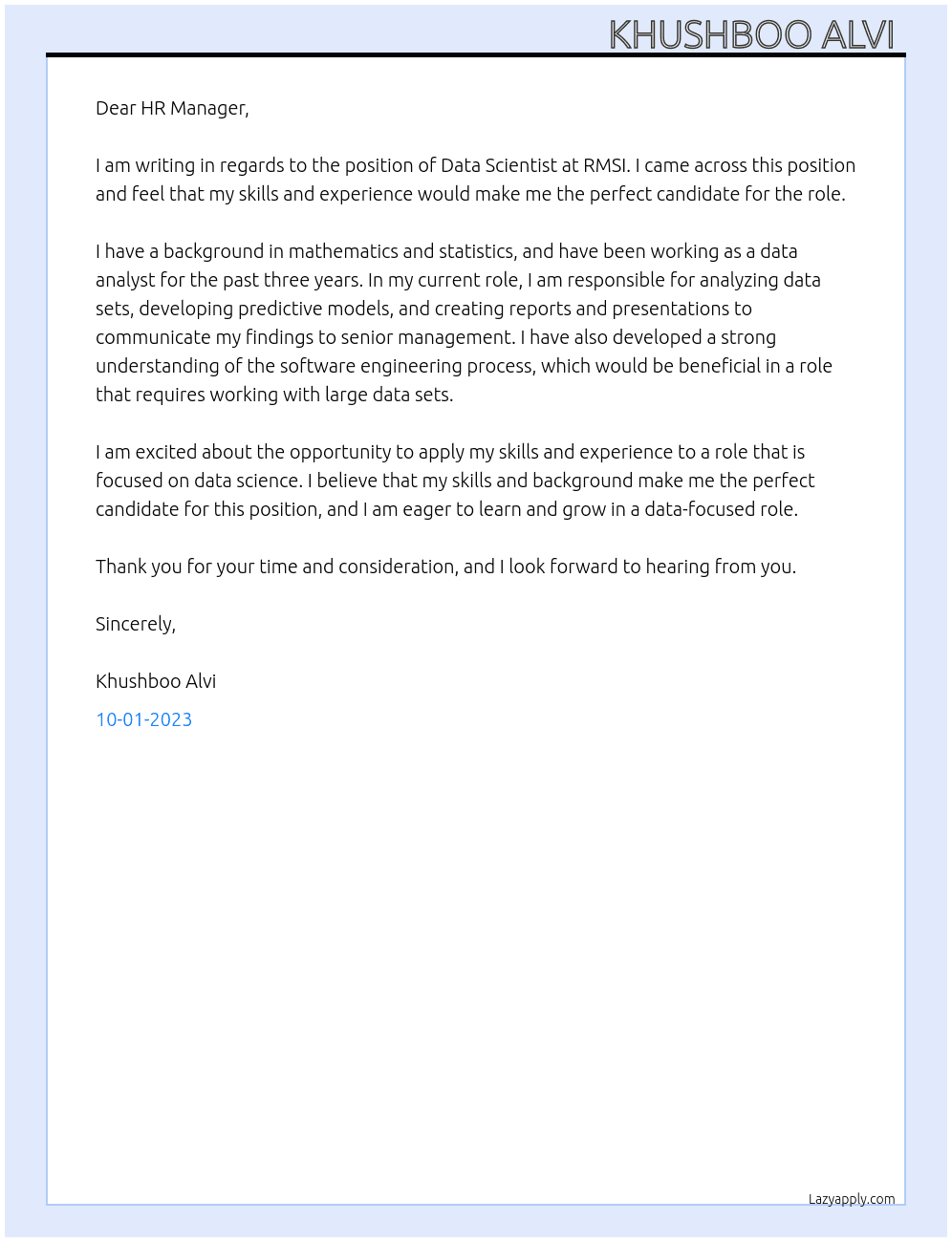 Data Scientist  At RMSI Cover Letter