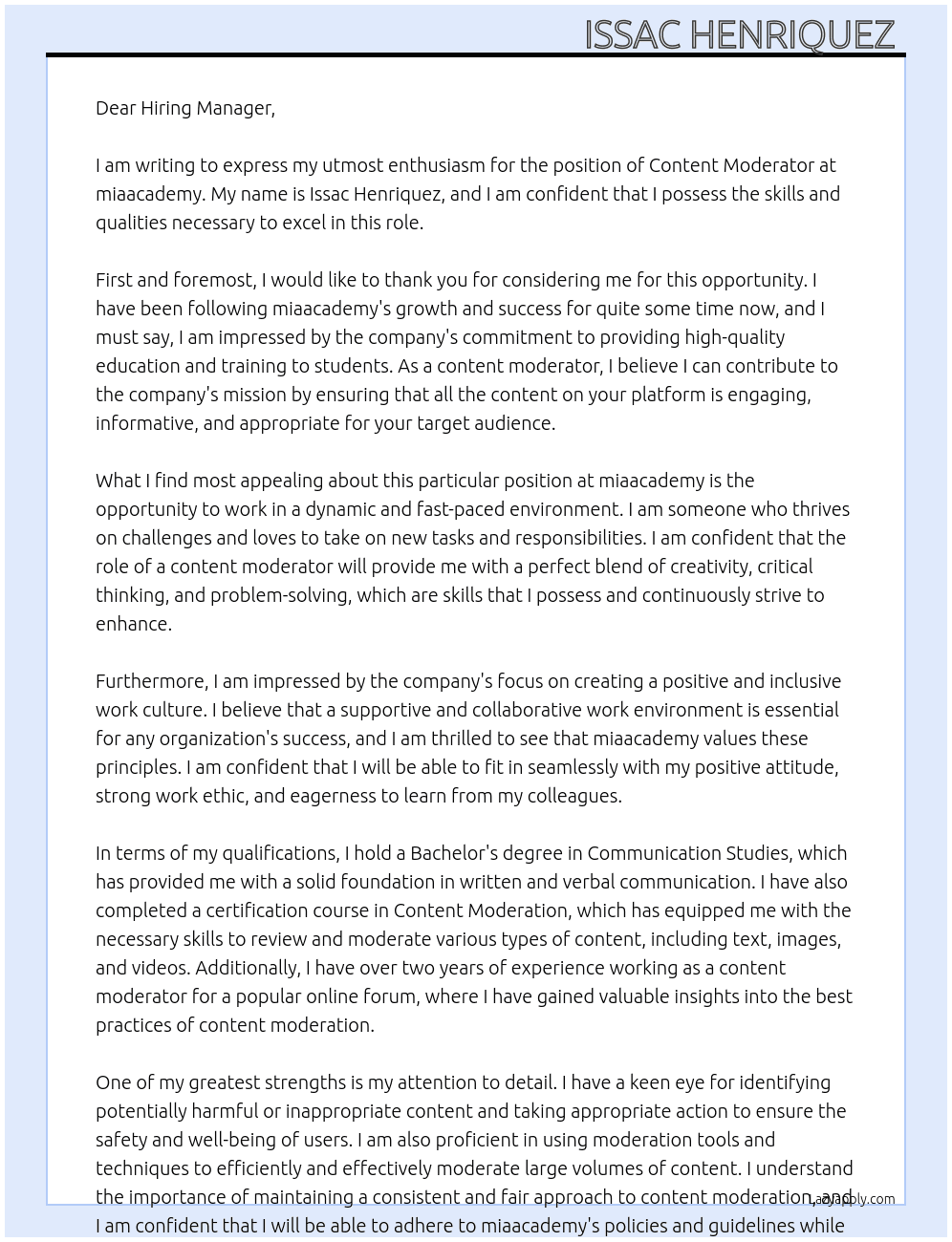 Content Moderator At miaacademy Cover Letter