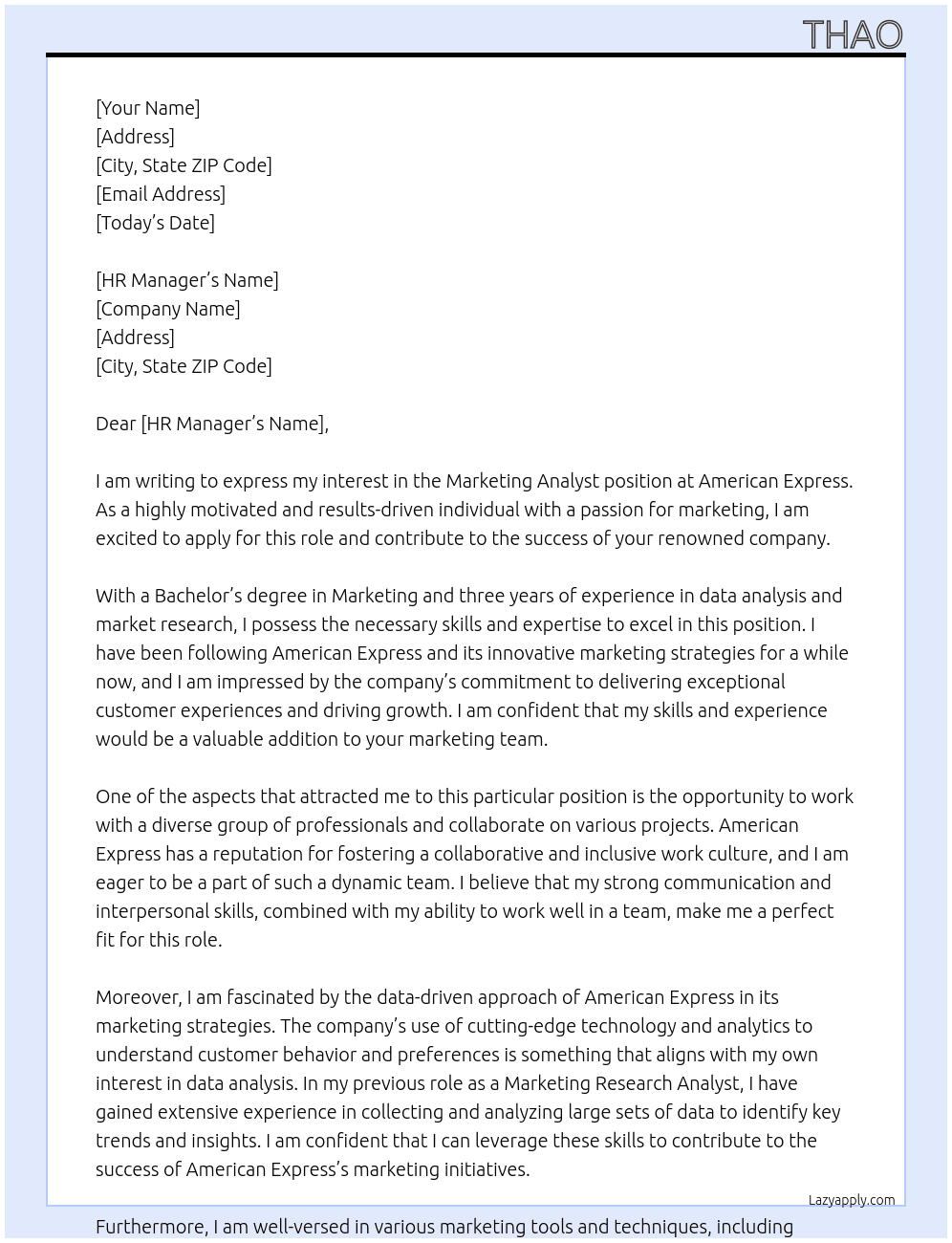 marketing analyst At American Express Cover Letter