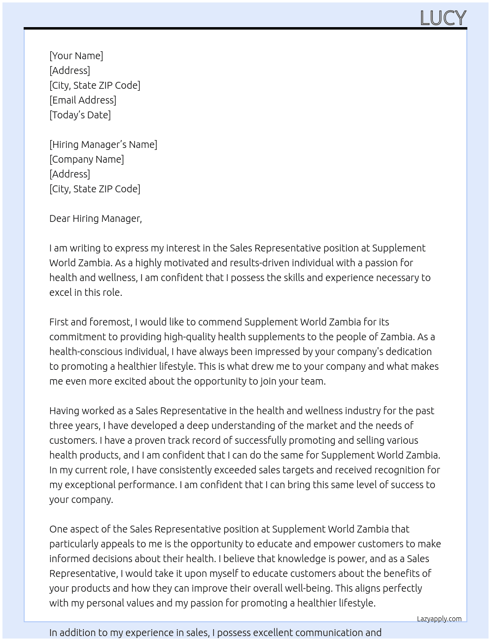 Sales representative  At Supplement world zambia Cover Letter