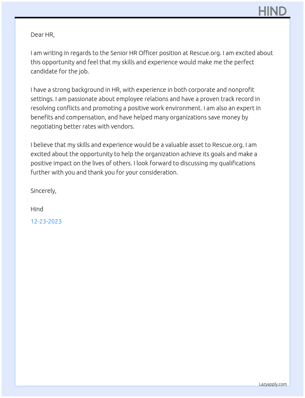 Senior HR Officer At rescue.org Cover Letter
