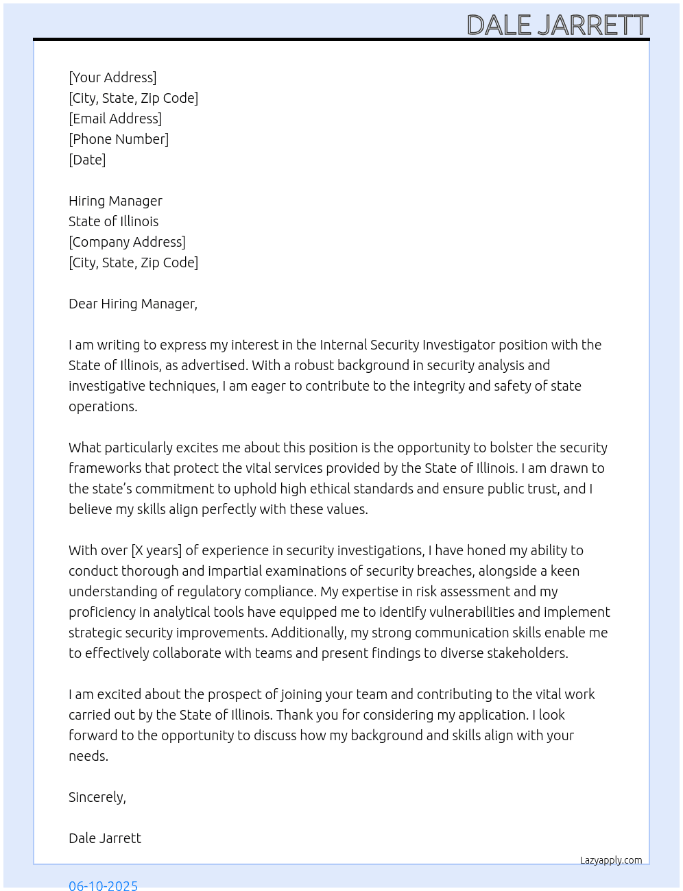 INTERNAL SECURITY INVESTIGATOR At State of Illinois Cover Letter