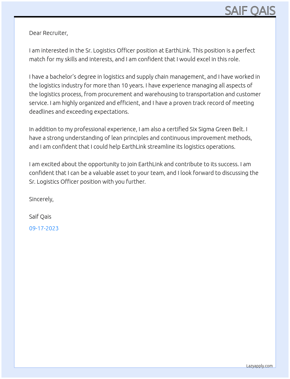 Sr. Logistics Officer At EarthLink Cover Letter