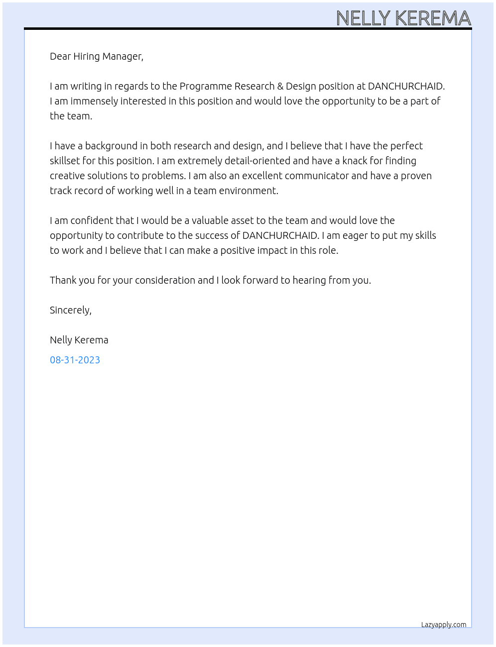 Programme Research & Design" At DANCHURCHAID Cover Letter