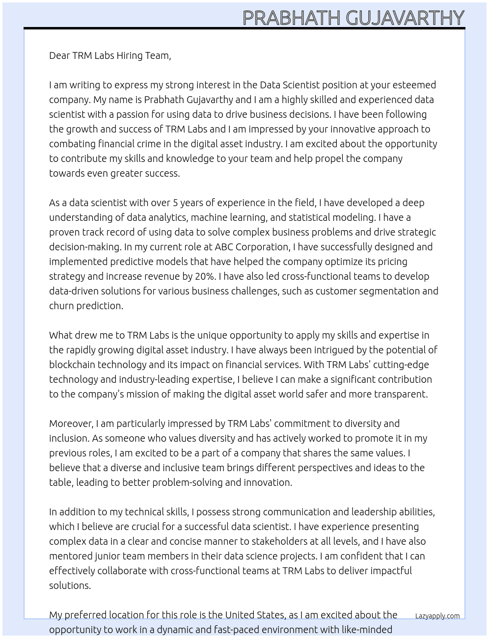 Data Scientist At TRM Labs Cover Letter