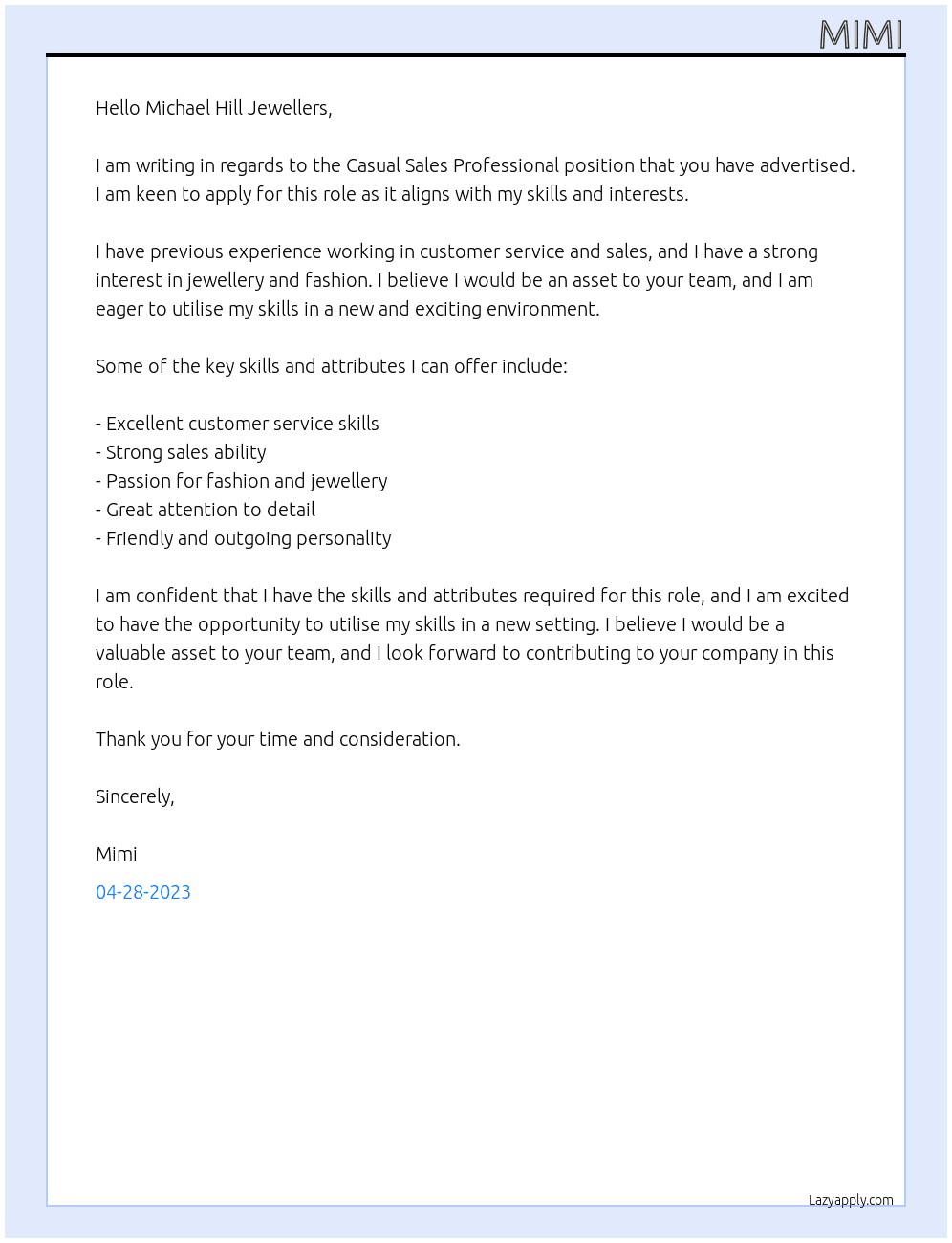 Casual Sales Professional At Michael Hill Jewellers Cover Letter