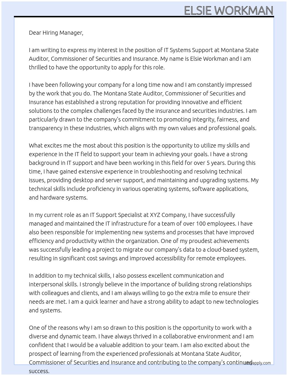 IT Systems Support At Montana State Auditor, Commissioner of Securities and Insurance Cover Letter
