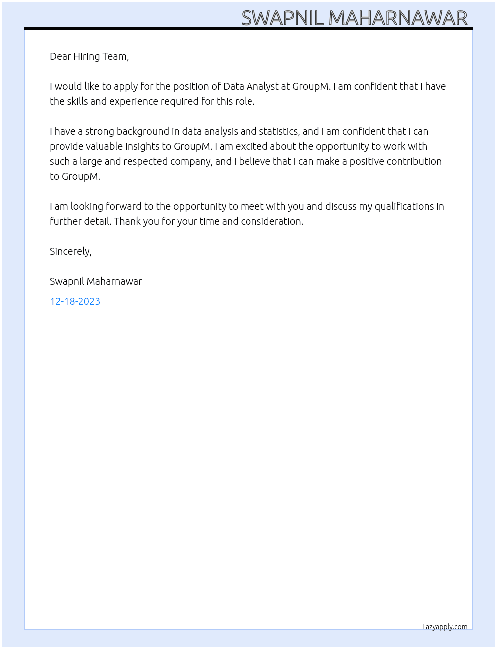 Data analysts  At GroupM Cover Letter