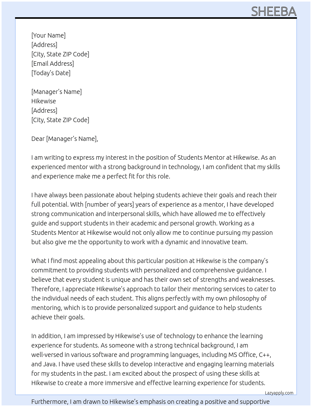 Students mentor  At Hikewise Cover Letter