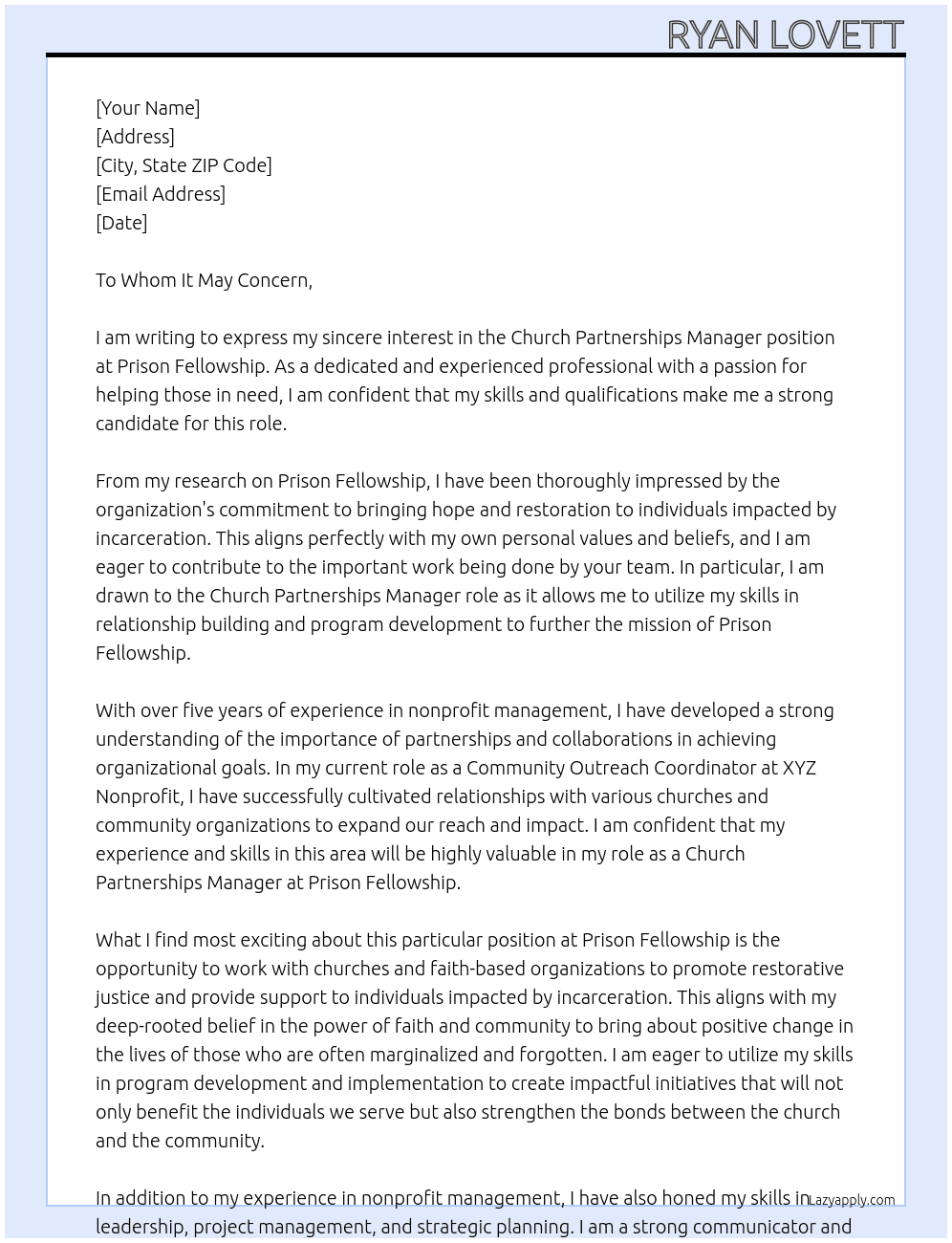 CHURCH PARTNERSHIPS MANAGER At PRISON FELLOWSHIP Cover Letter
