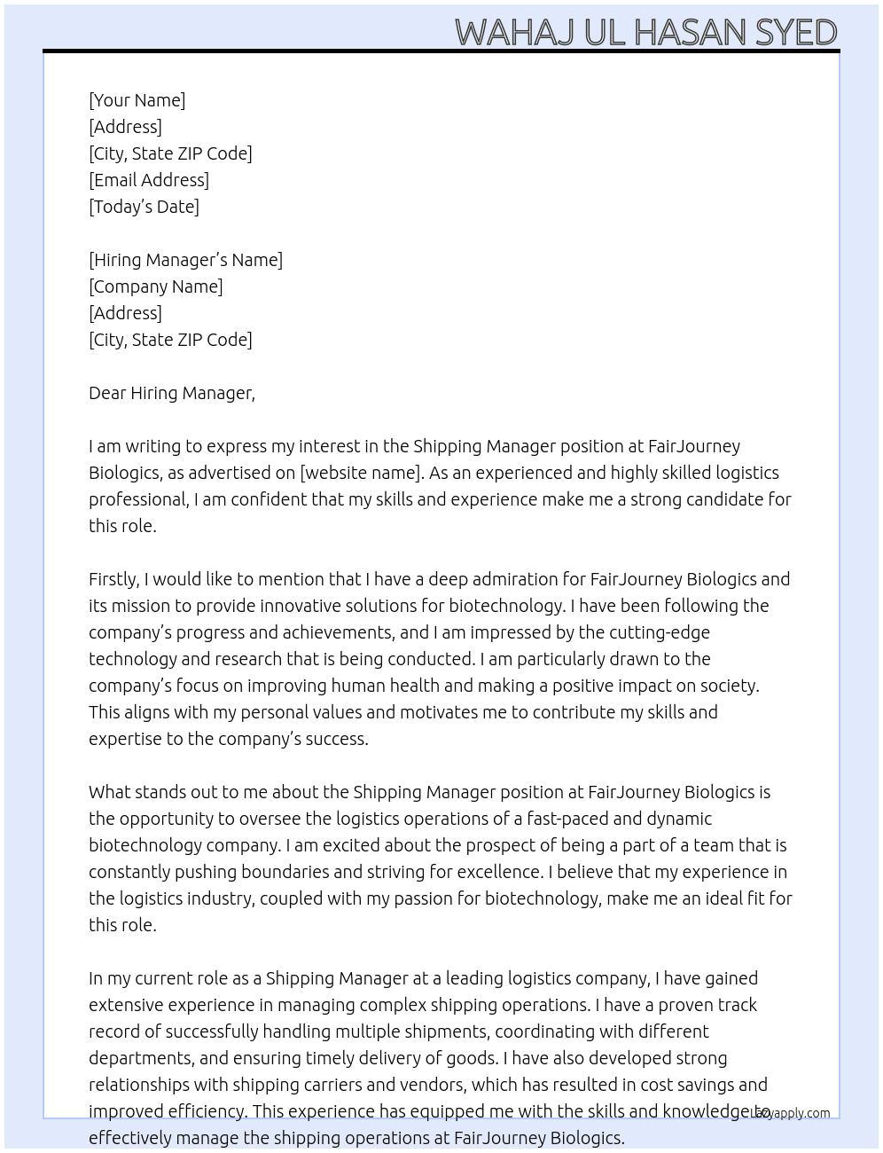 Shipping Manager At FairJourney Biologics Cover Letter