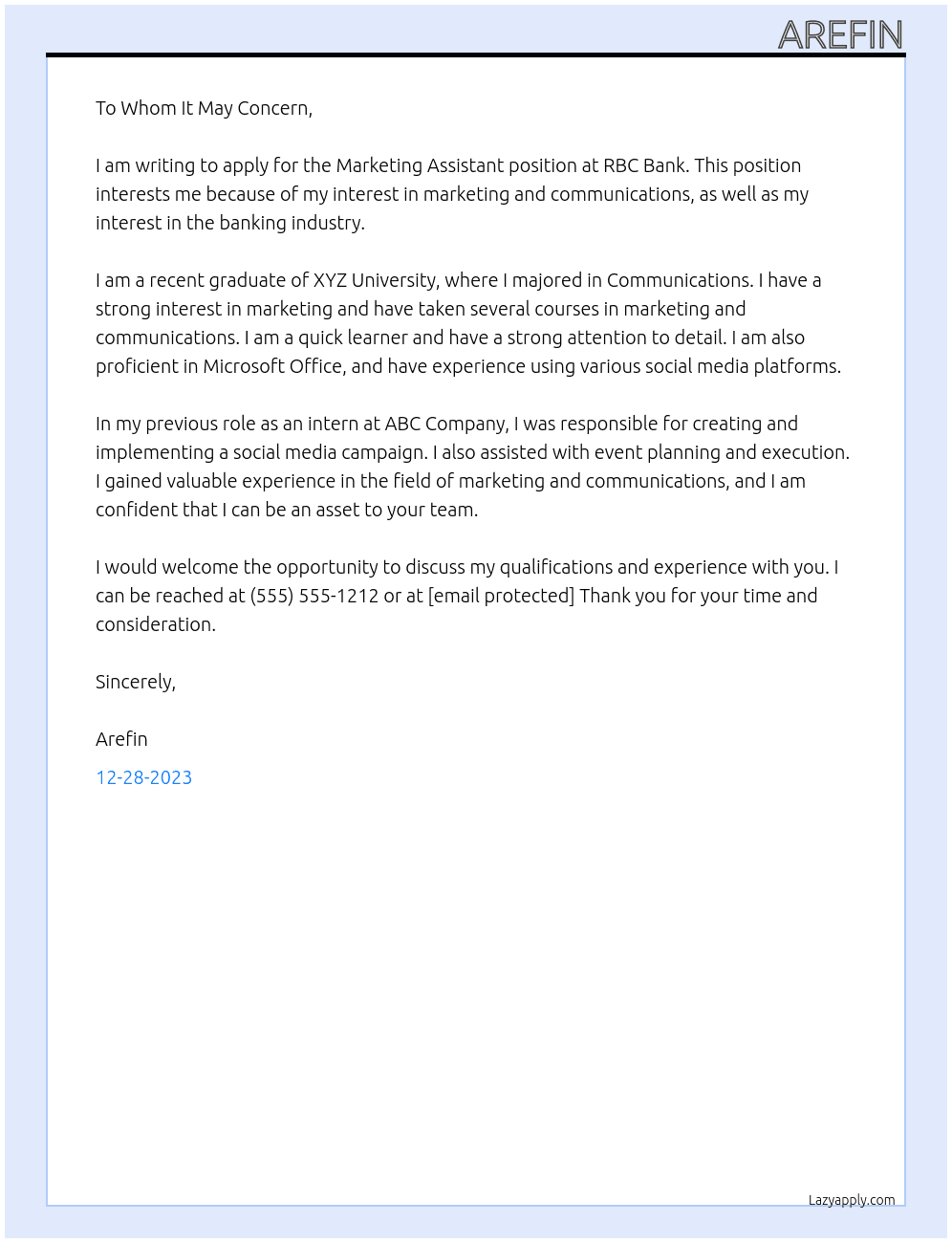Markesting assistant At RBC Bank Cover Letter
