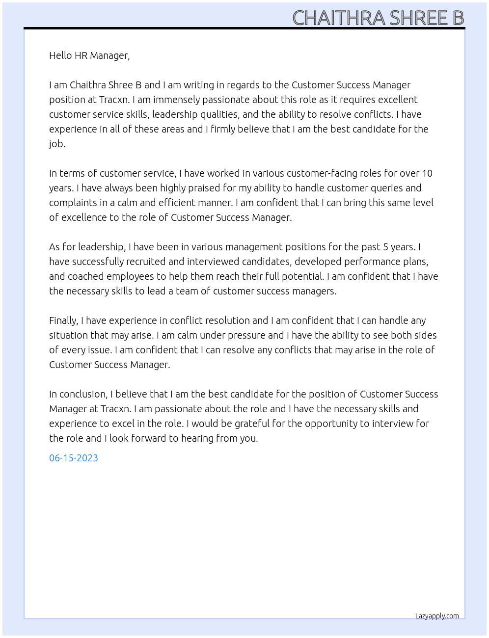  Customer Success Manager  At Tracxn Cover Letter