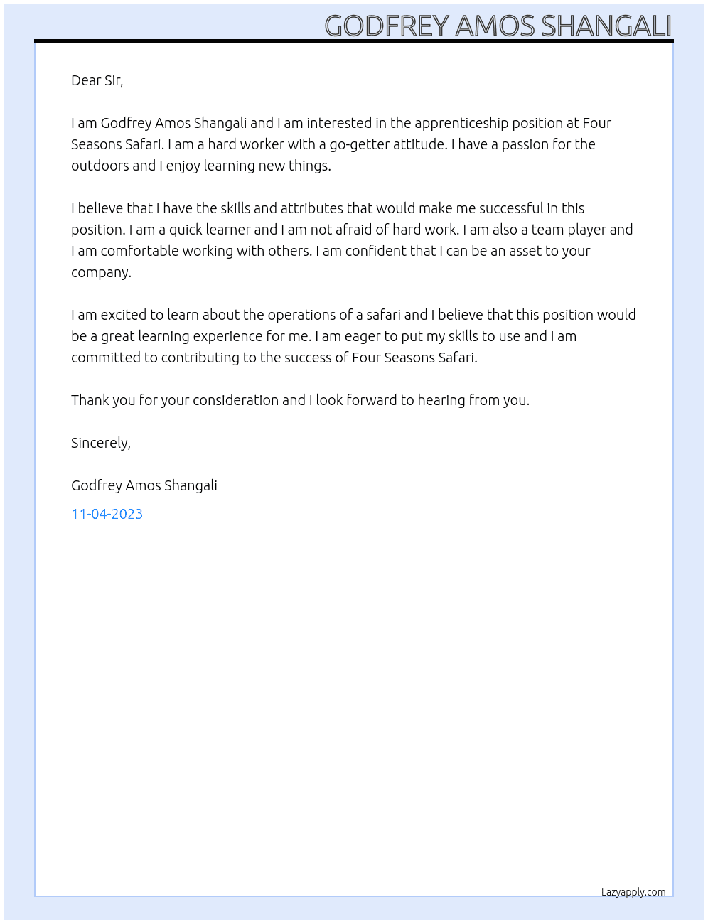 Apprenticeship At Four seasons safari Cover Letter