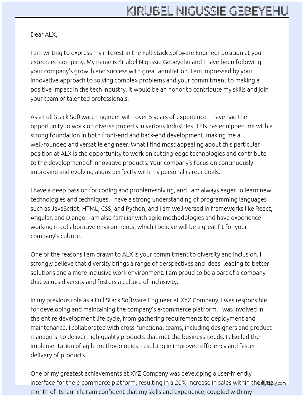 Full Stack Software Engineer At ALX Cover Letter