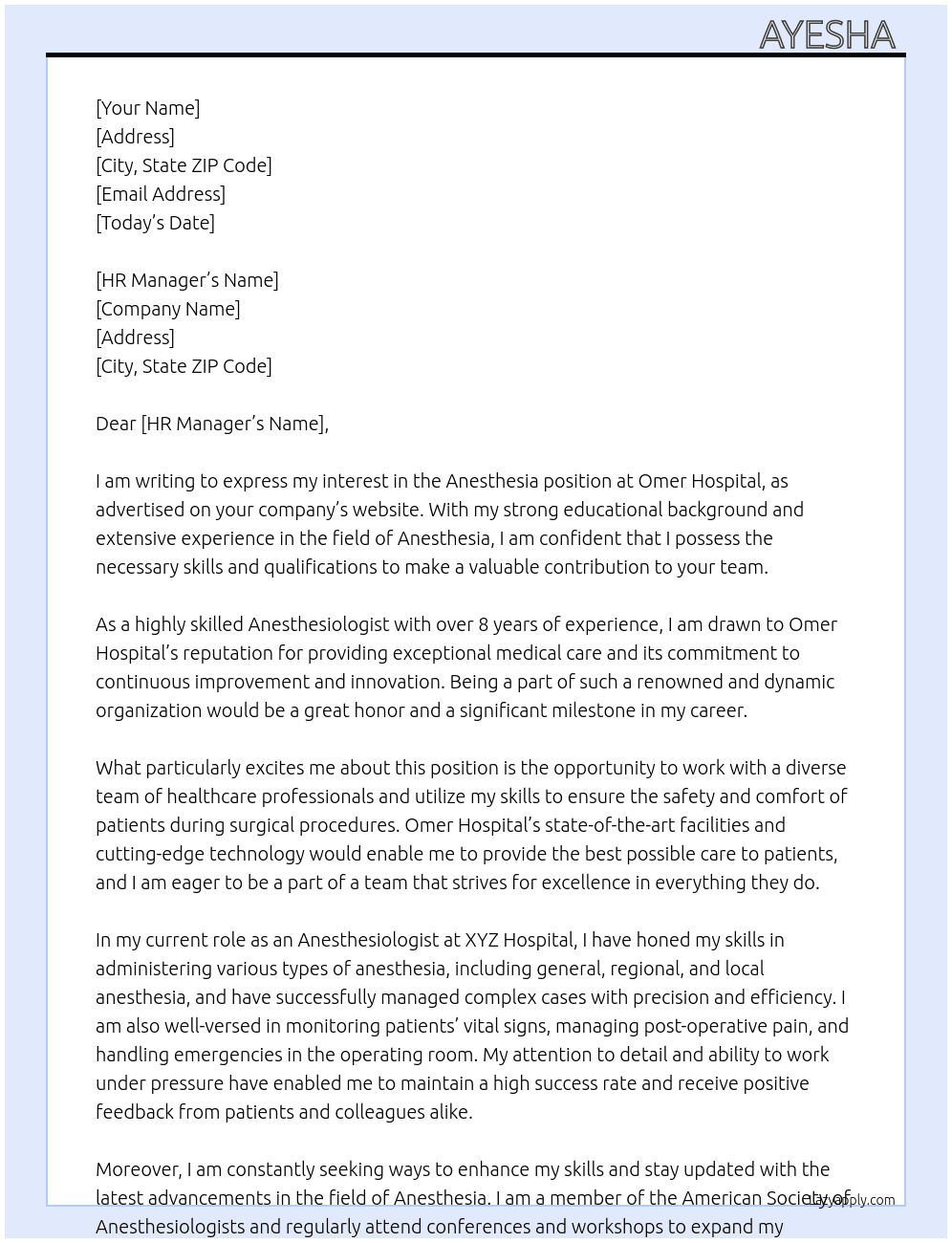 Anesthesia At omer hospital Cover Letter