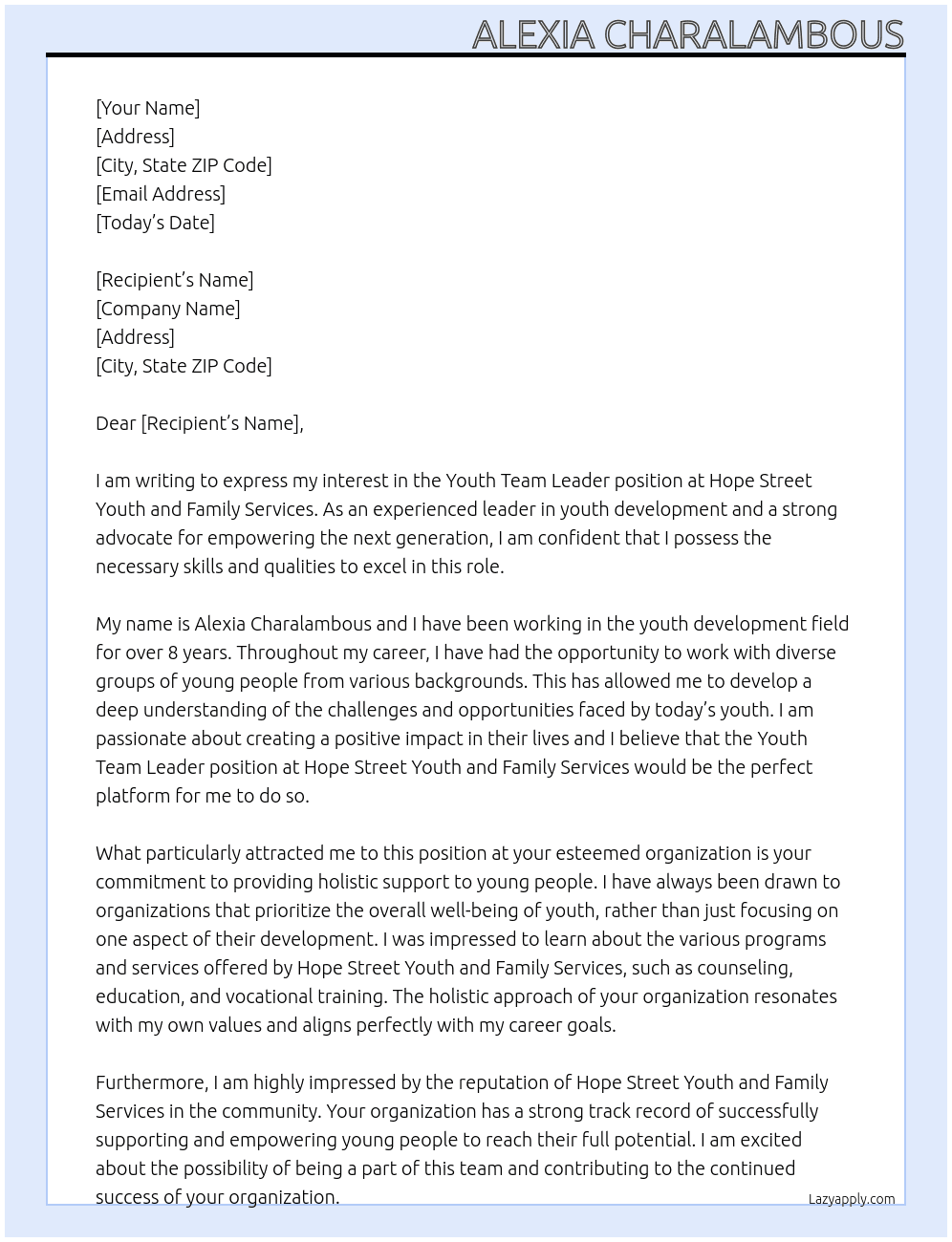 youth team leader At Hope Street Youth and Family Services Cover Letter