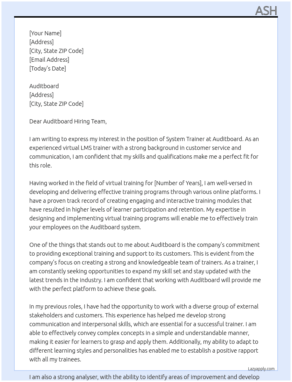 system trainer At Auditboard Cover Letter