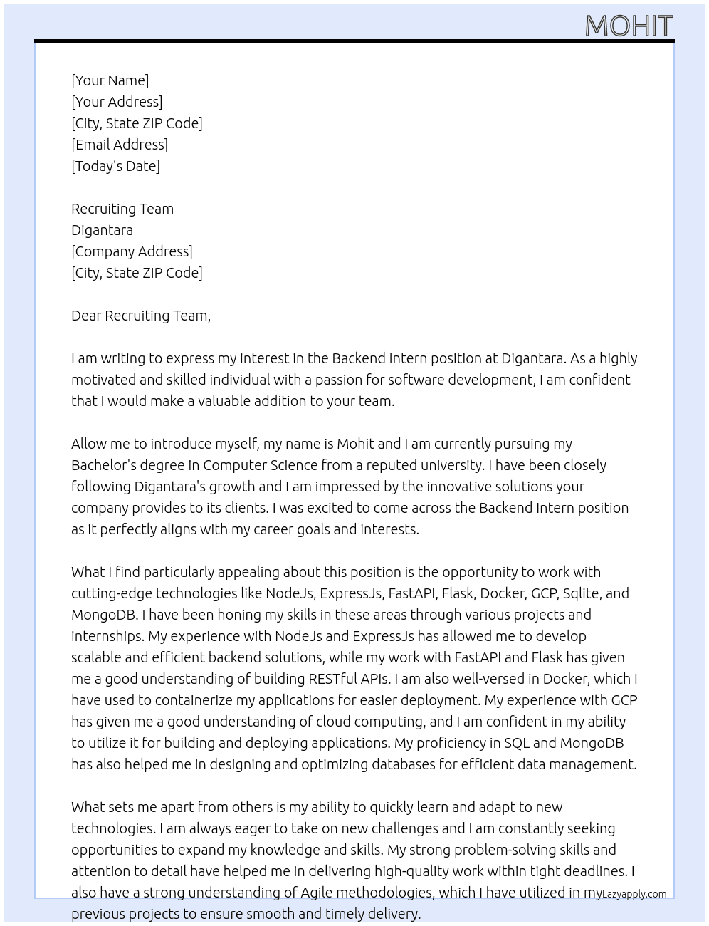 Backend Intern At Digantara Cover Letter