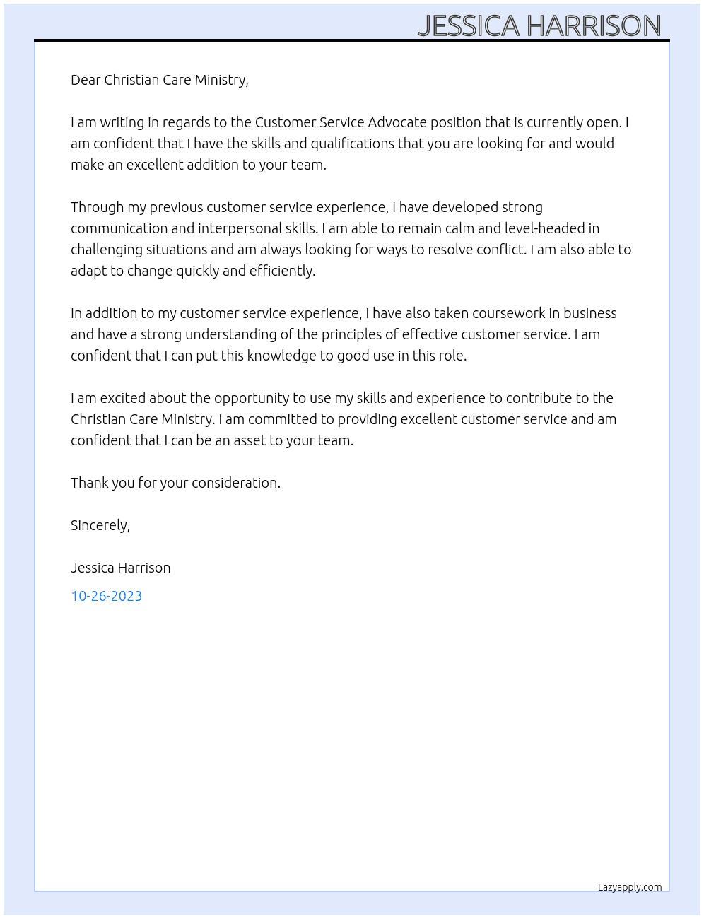 Customer Service Advocate  At Christian Care Ministry  Cover Letter