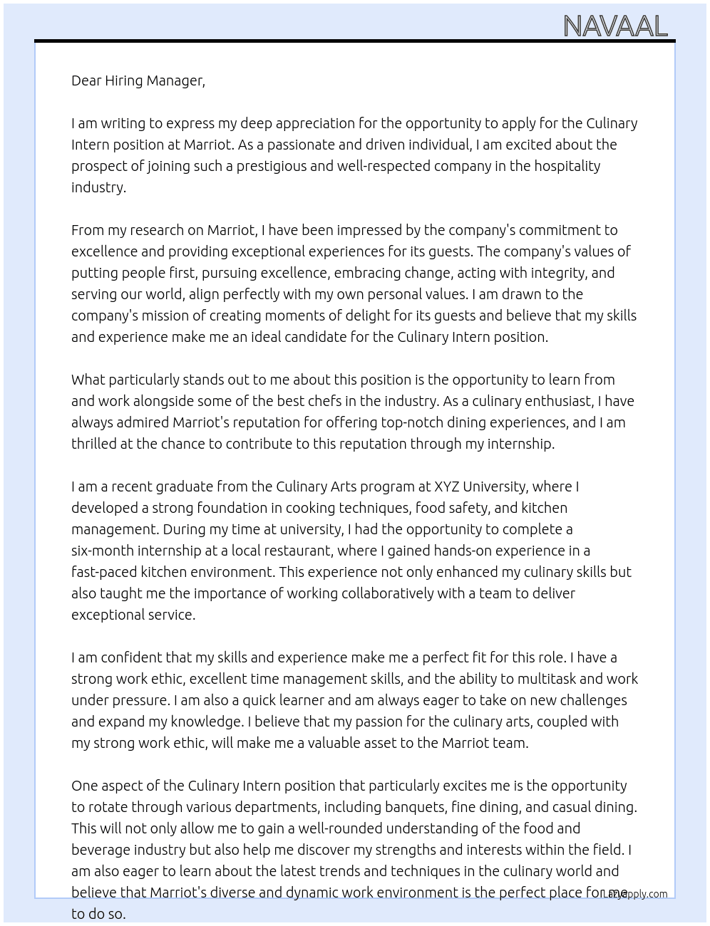 Culinary Intern  At Marriot  Cover Letter