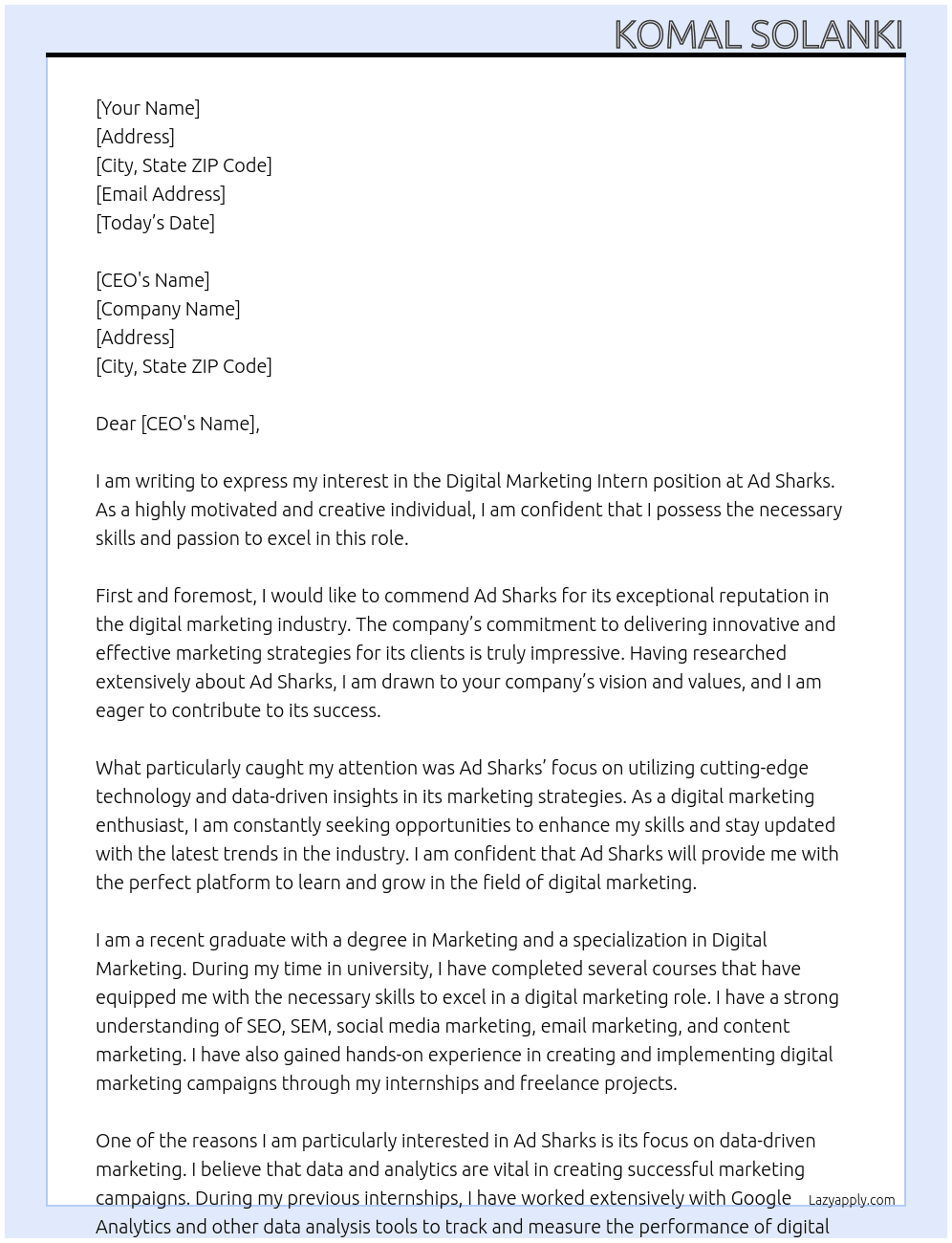 Digital marketing intern At Ad Sharks Cover Letter