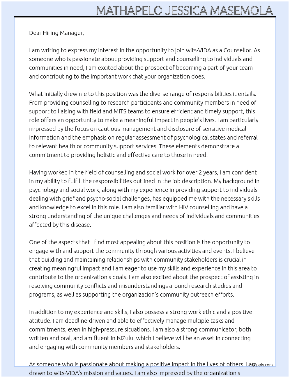 Counsellor  At wits-VIDA Cover Letter