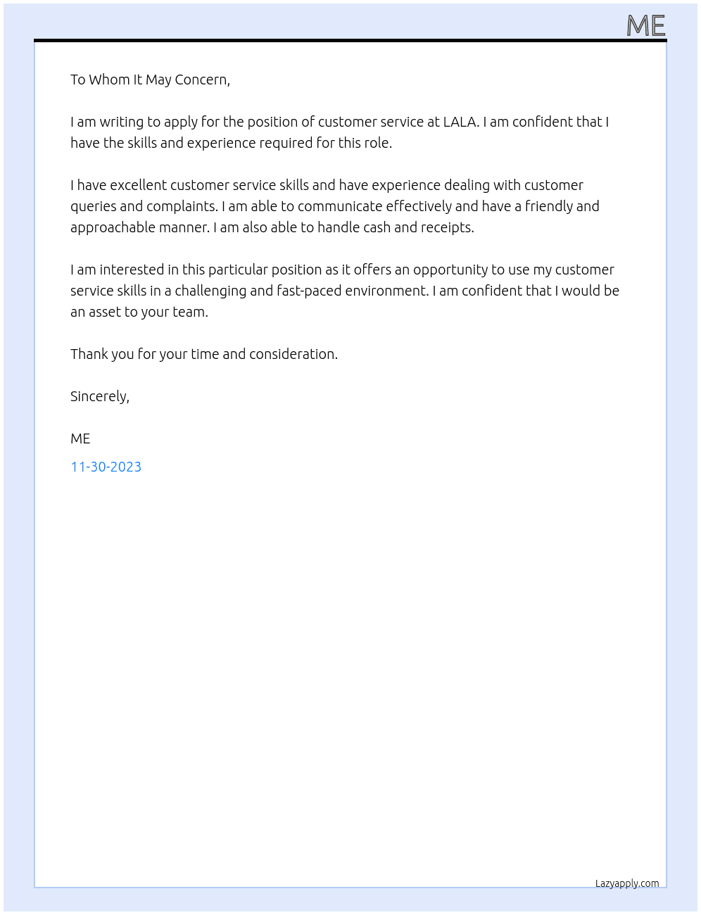 CUSTOMER At LALA Cover Letter