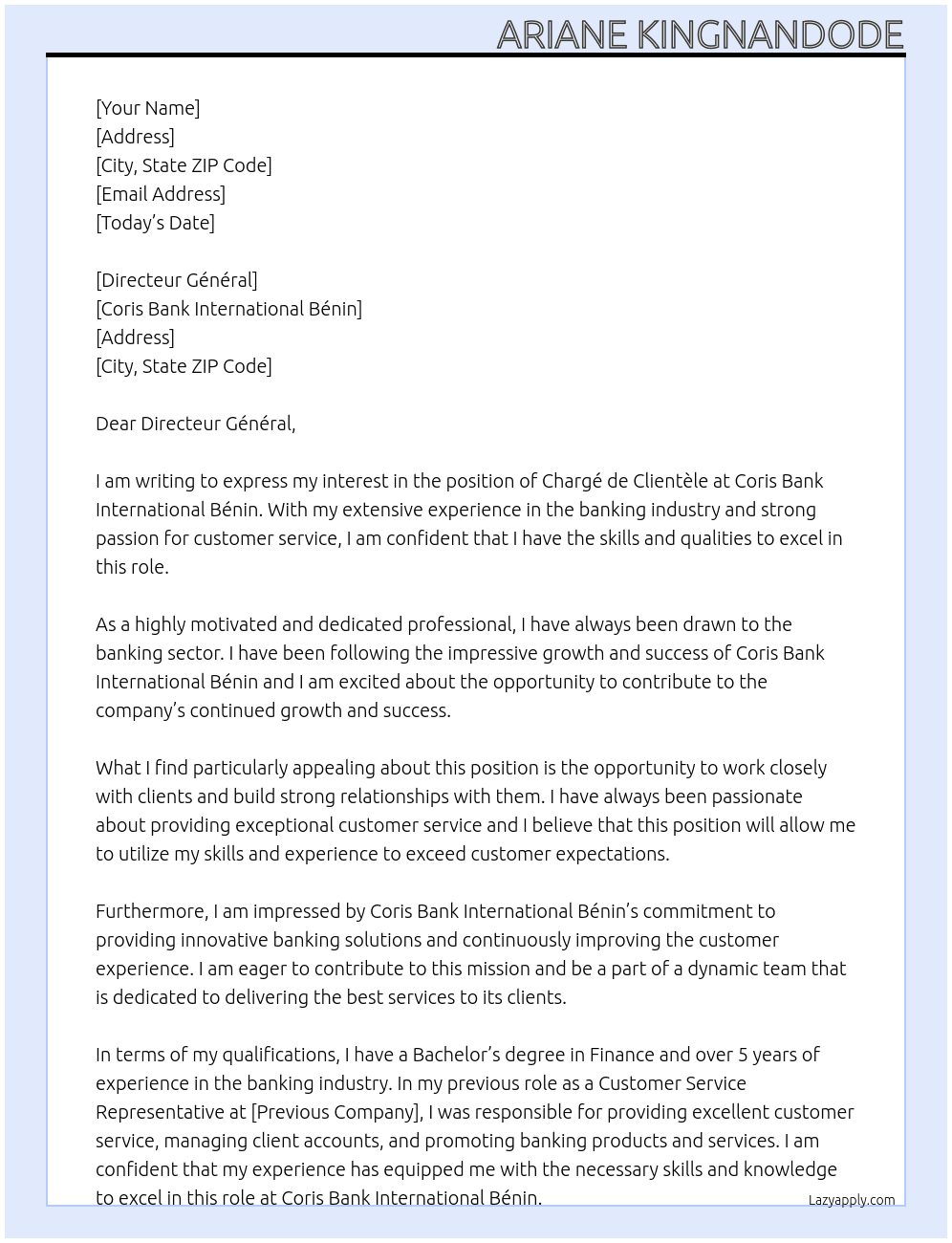 chargé de clientèle At Coris Bank International Bénin Cover Letter